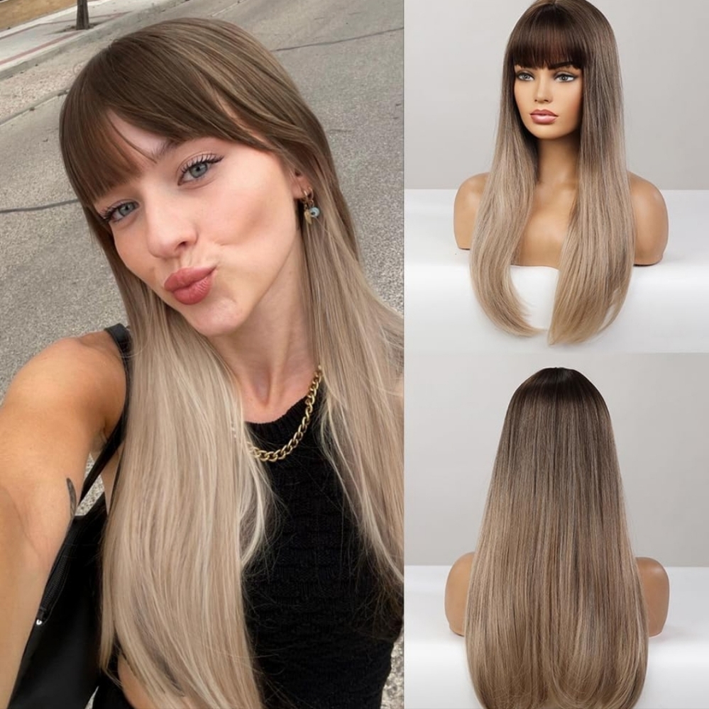Sandy Blonde Hair Ombre Brown Wig Synthetic Hair 22 inch